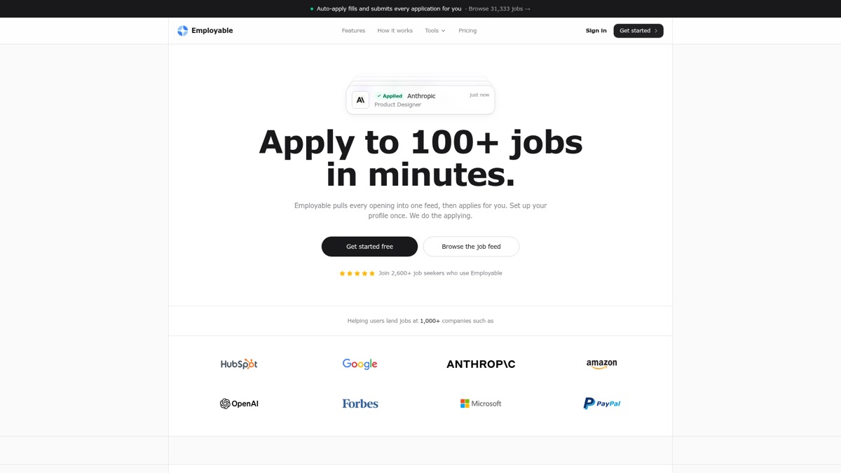Employable homepage: apply to 100+ jobs in minutes