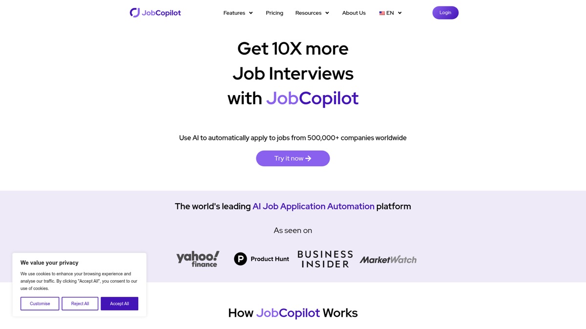 JobCopilot homepage, September 2026
